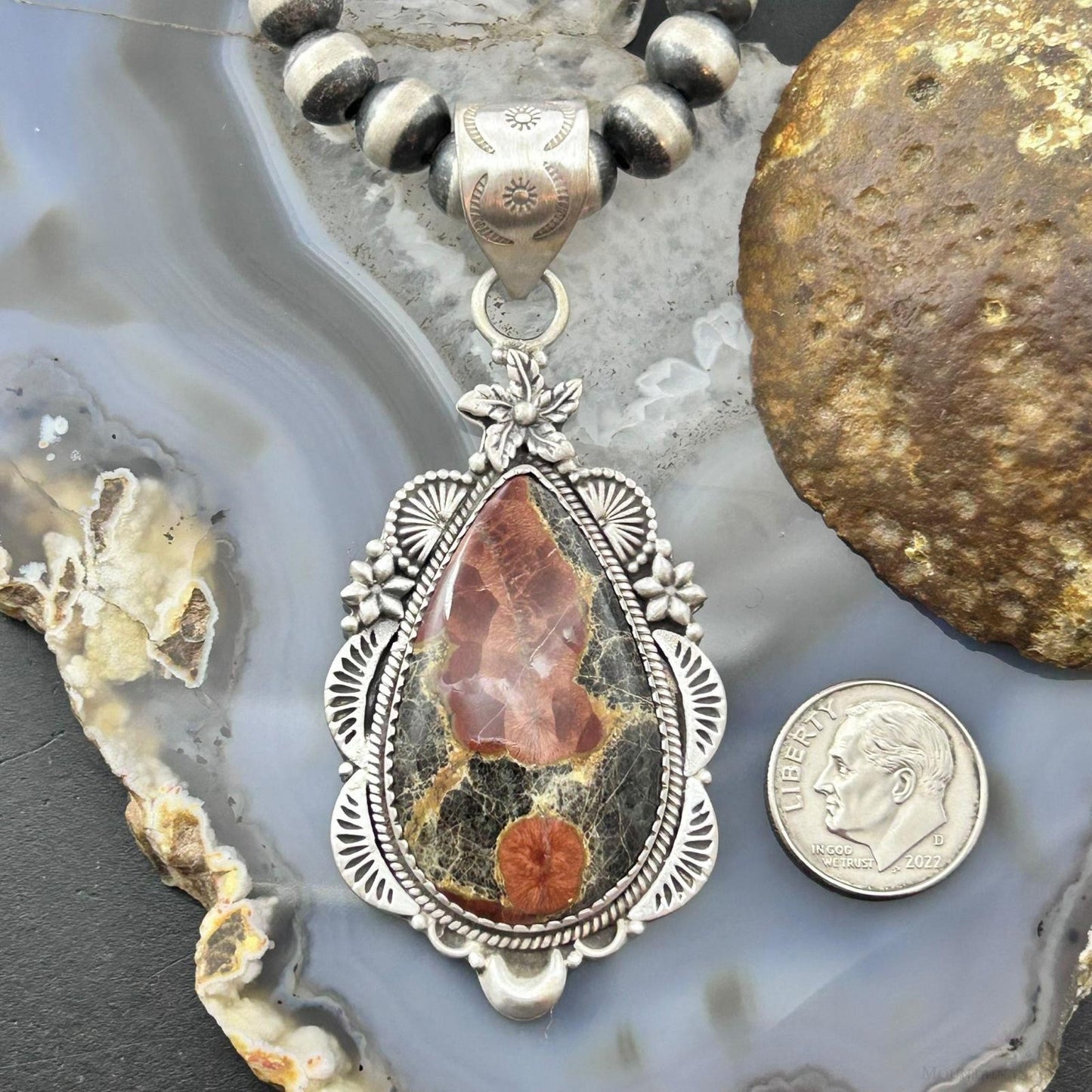 Sterling Silver Southwestern Style Peanut Obsidian Decorated Pendant For Women