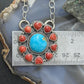 Native American Sterling Silver Round Turquoise &Coral Heart Cluster Pendant W/Necklace For Women