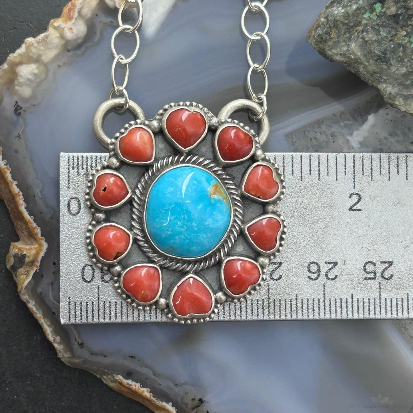 Native American Sterling Silver Round Turquoise &Coral Heart Cluster Pendant W/Necklace For Women