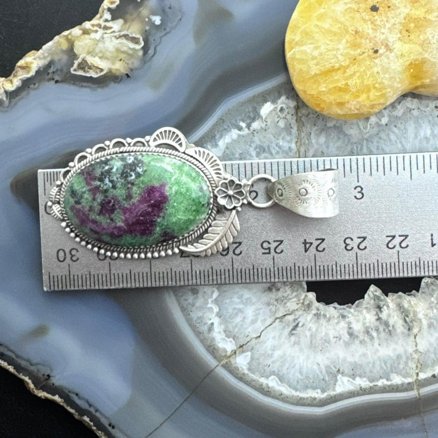 Sterling Silver Southwestern Style Elongated Oval Ruby Zoisite Decorated Pendant For Women