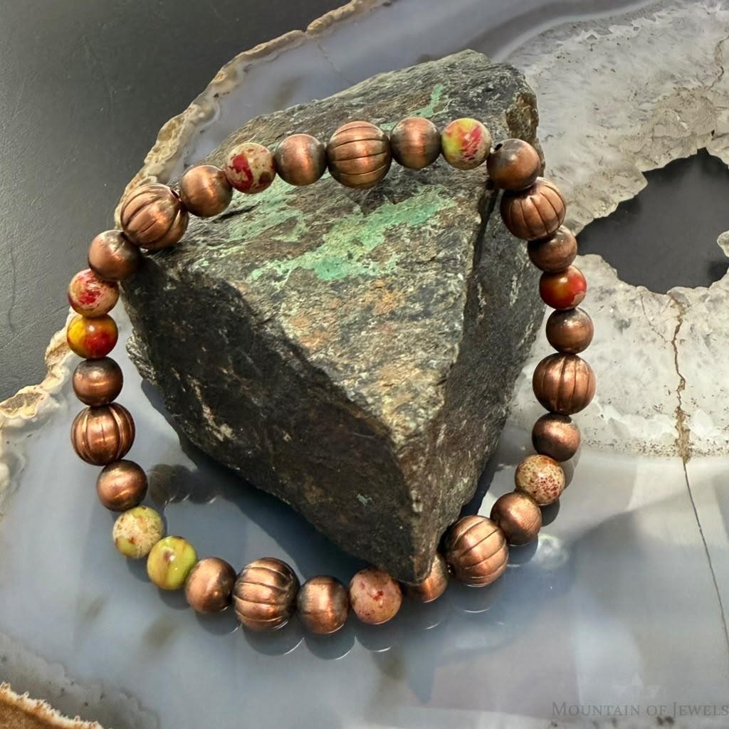Southwestern Style Copper 6-8mm Navajo Pearl Beads & 6mm Jasper Stretch Bracelet For Women