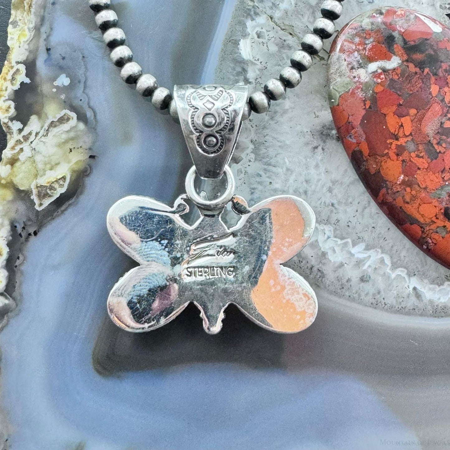 Native American Sterling Silver Turquoise & Spiny Oyster Butterfly Pendant For Women