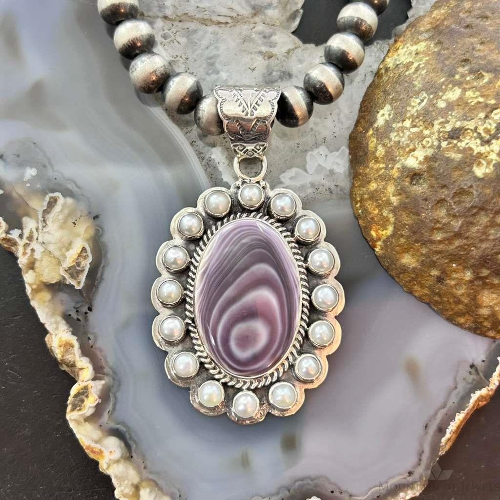 Native American Sterling Silver Oval Phosphosiderite W/Pearls Cluster Pendant For Women