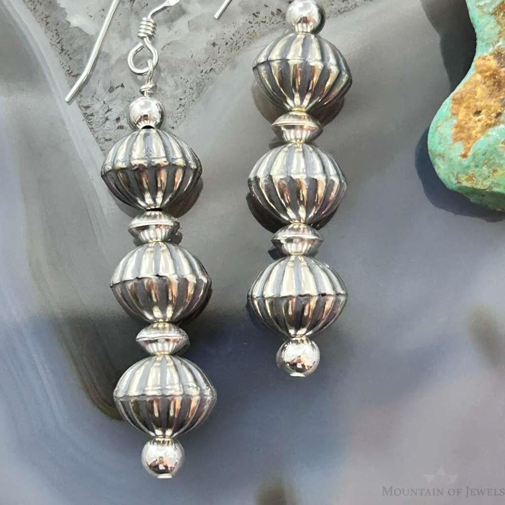 Native American Sterling Silver Grooved Saucer Pearl Beads Dangle Earrings For Earrings