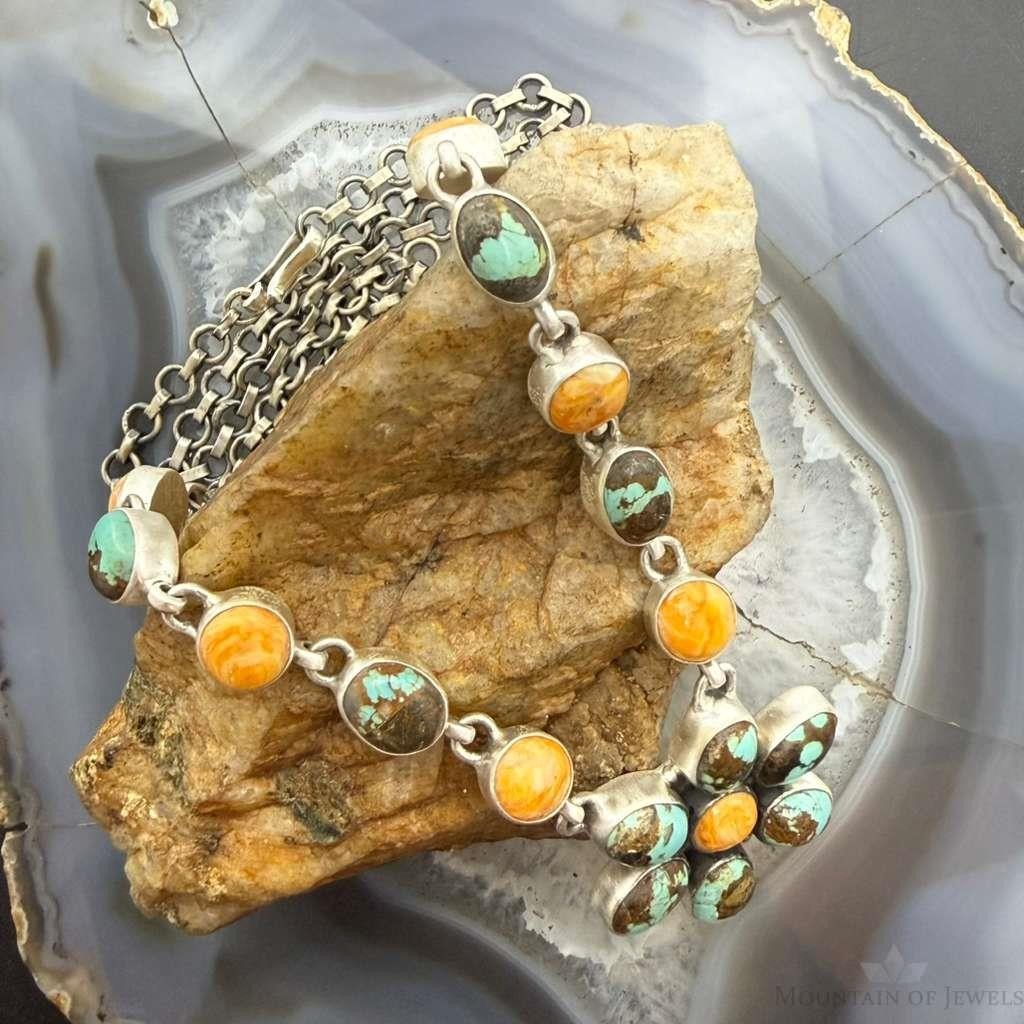 Sterling Silver Southwestern Style Turquoise & Spiny Oyster 21" Necklace For Women