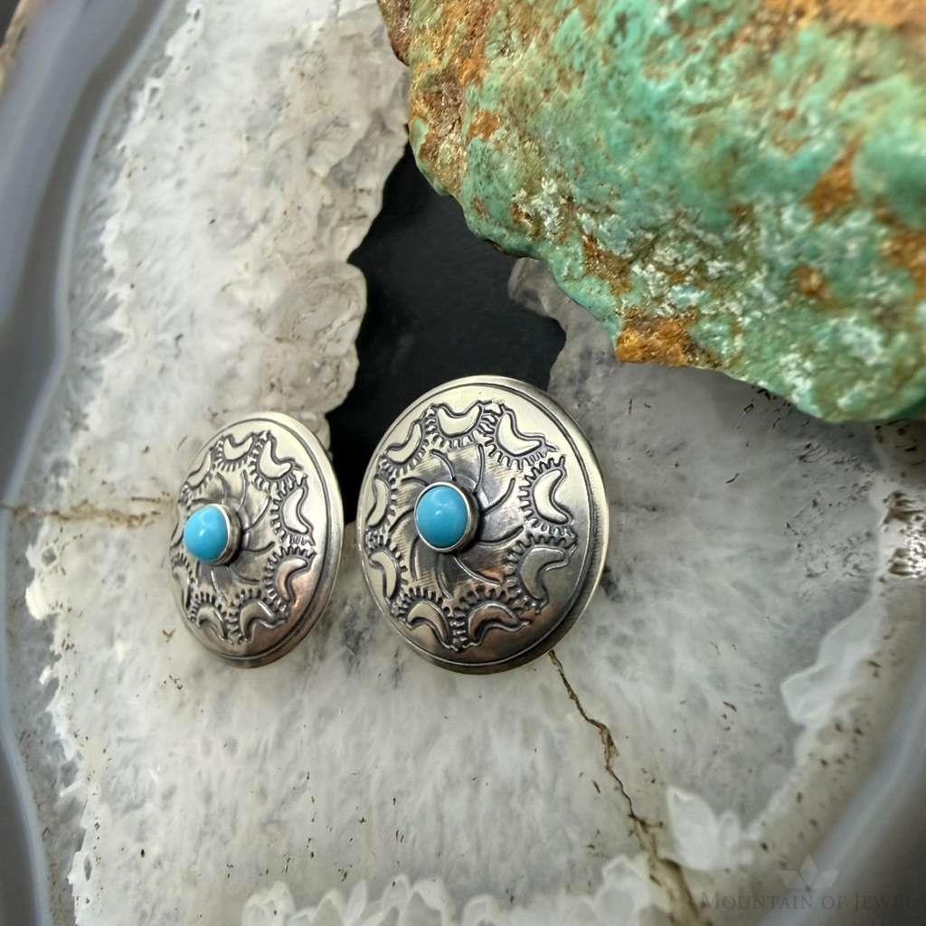 Native American Sterling Silver Stamped Rounded Concho w/Turquoise Stud Earrings For Women
