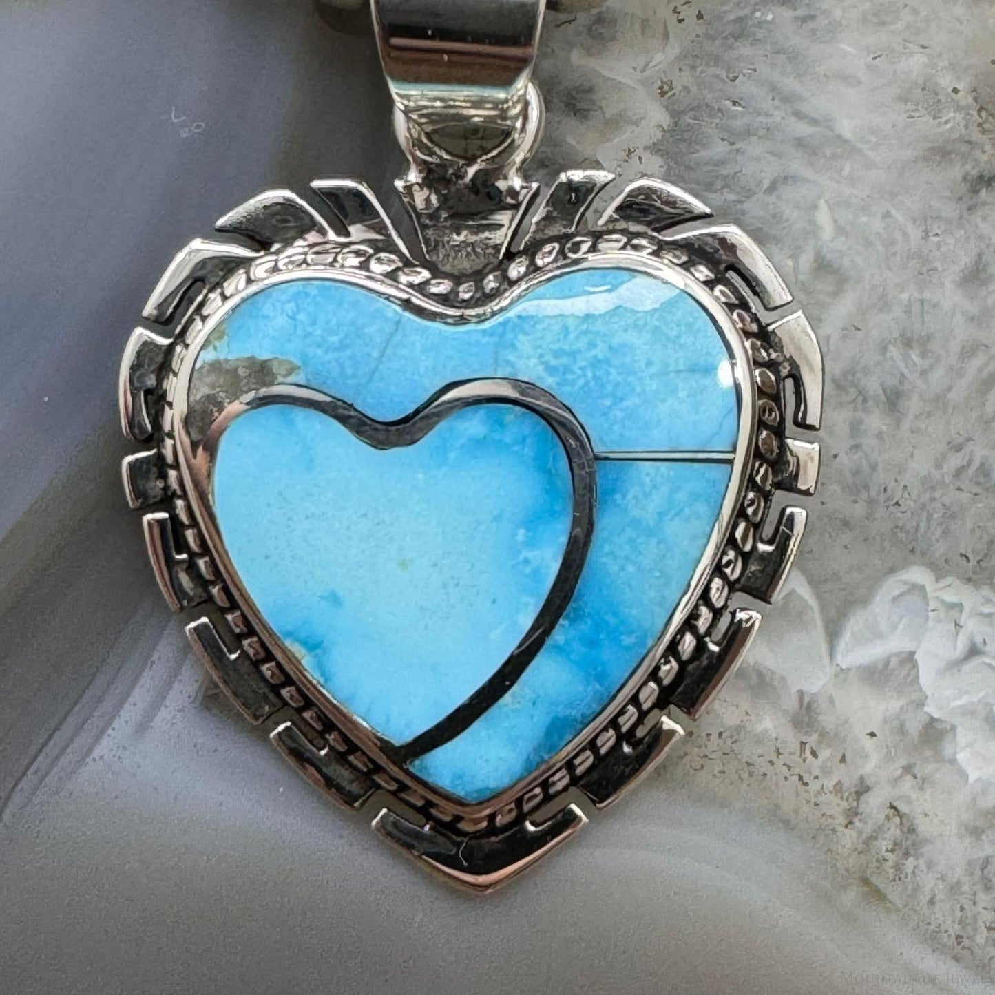 Native American Sterling  Silver Blue Ridge Turquoise Double Heart Pendant For Women