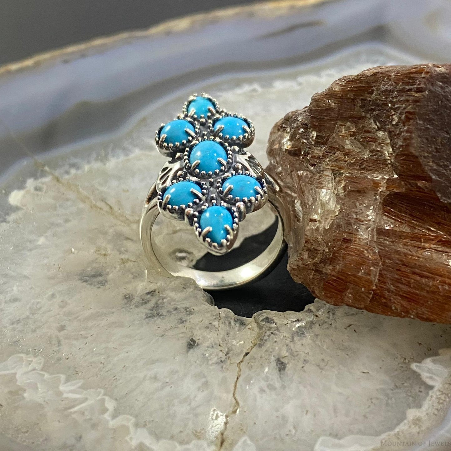 Carolyn Pollack Southwestern Style Sterling Silver Sleeping Beauty Turquoise Decorated Cluster Ring For Women