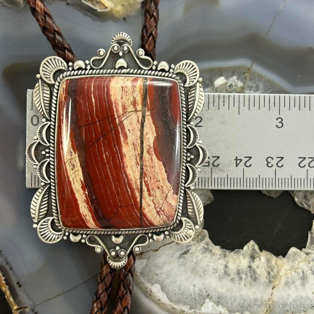 Sterling Silcer Southwestern Style Large Snake Skin Jasper Decorated Bolo Tie For Men