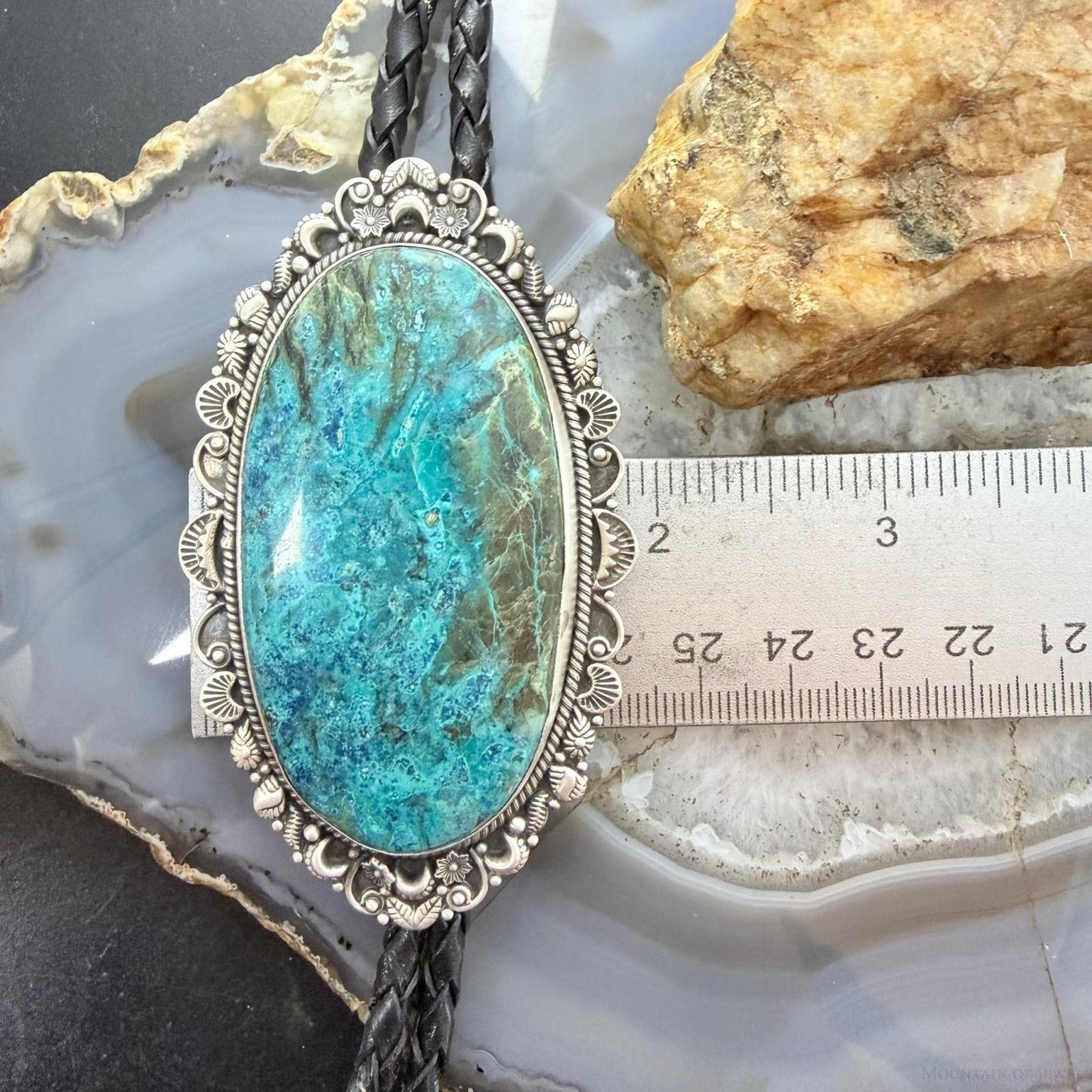 Sterling Silver Southwestern Style Large Oval Chrysocolla Bolo Tie For Men
