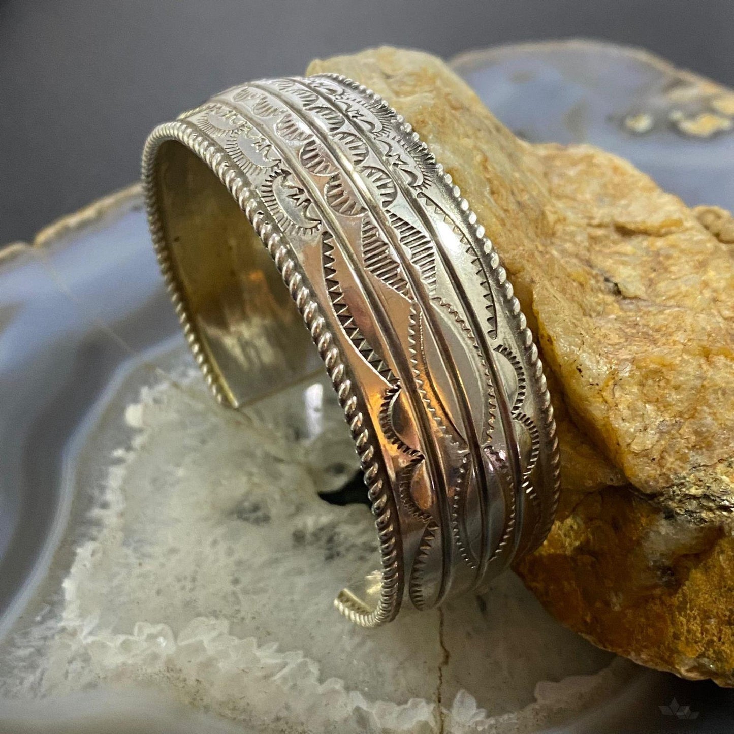 Vintage Native American Silver Southwestern Motif Stamped Bracelet For Women