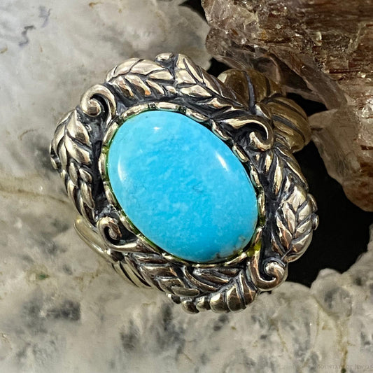 Carolyn Pollack Sterling Silver Oval Turquoise Leaf Design Ring Size 7, 8.5