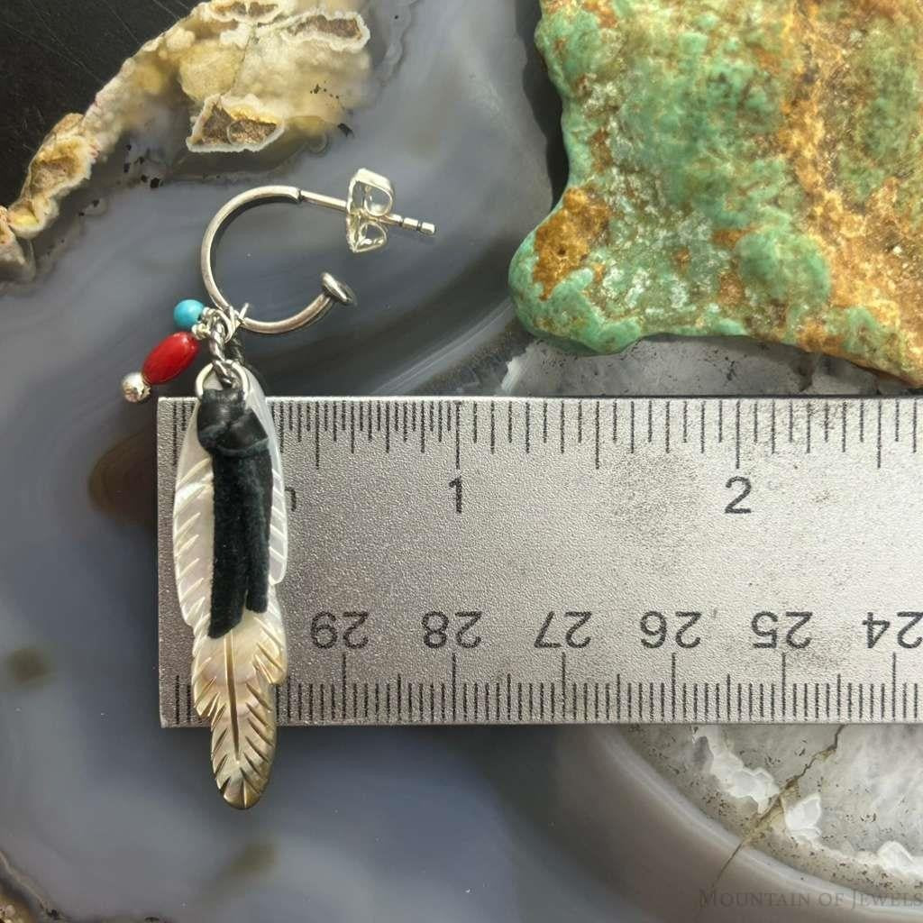Carolyn Pollack Southwestern Style Sterling Silver MOP Etched Feather Dangle Earrings
