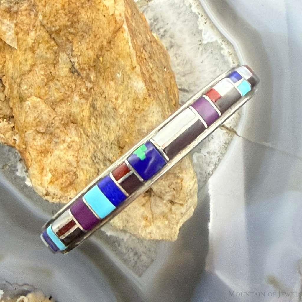 Vintage Native American Sterling Silver Multi Stone Inlay Bracelet For Women
