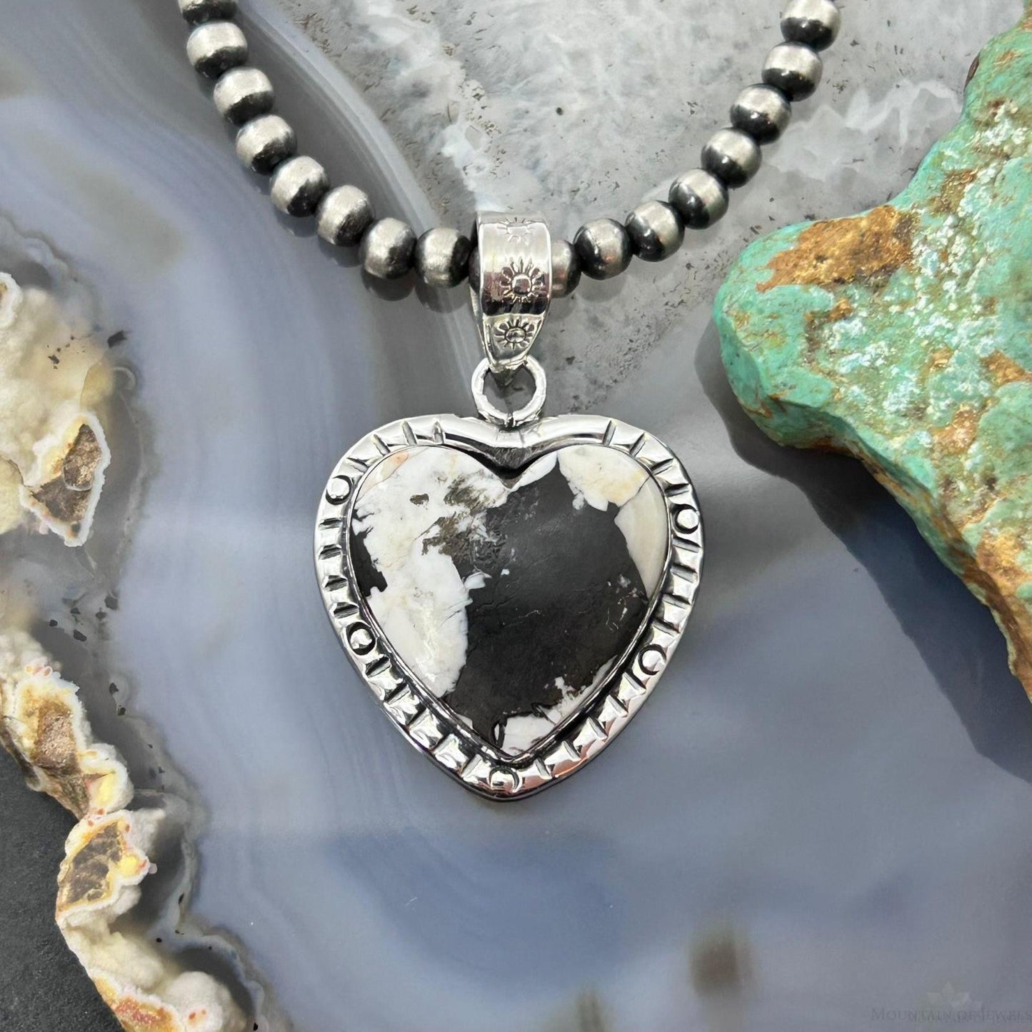 Sterling Silver Southwestern Style White Buffalo Decorated Heart Pendant For Women #2