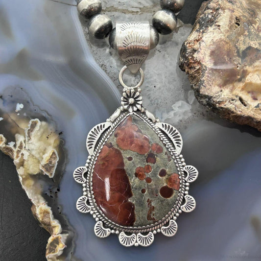 Sterling Silver Southwestern Style Wide Teardrop Peanut Obsidian Pendant For Women