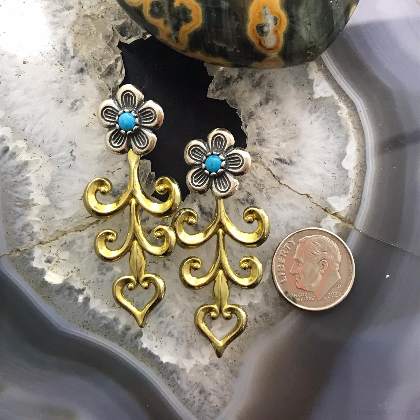 Carolyn Pollack Sterling Silver & Brass Turquoise Dot Flower Dangle Earrings For Women