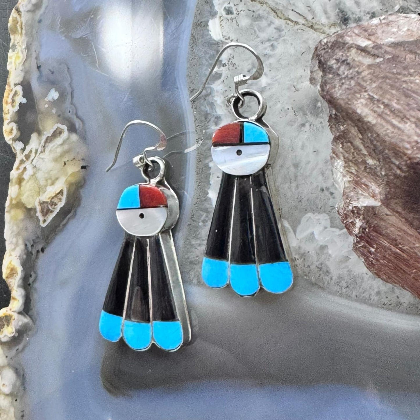 Clayton Vacit Zuni Silver Multistone Inlay Sunface Dangle Earrings For Women