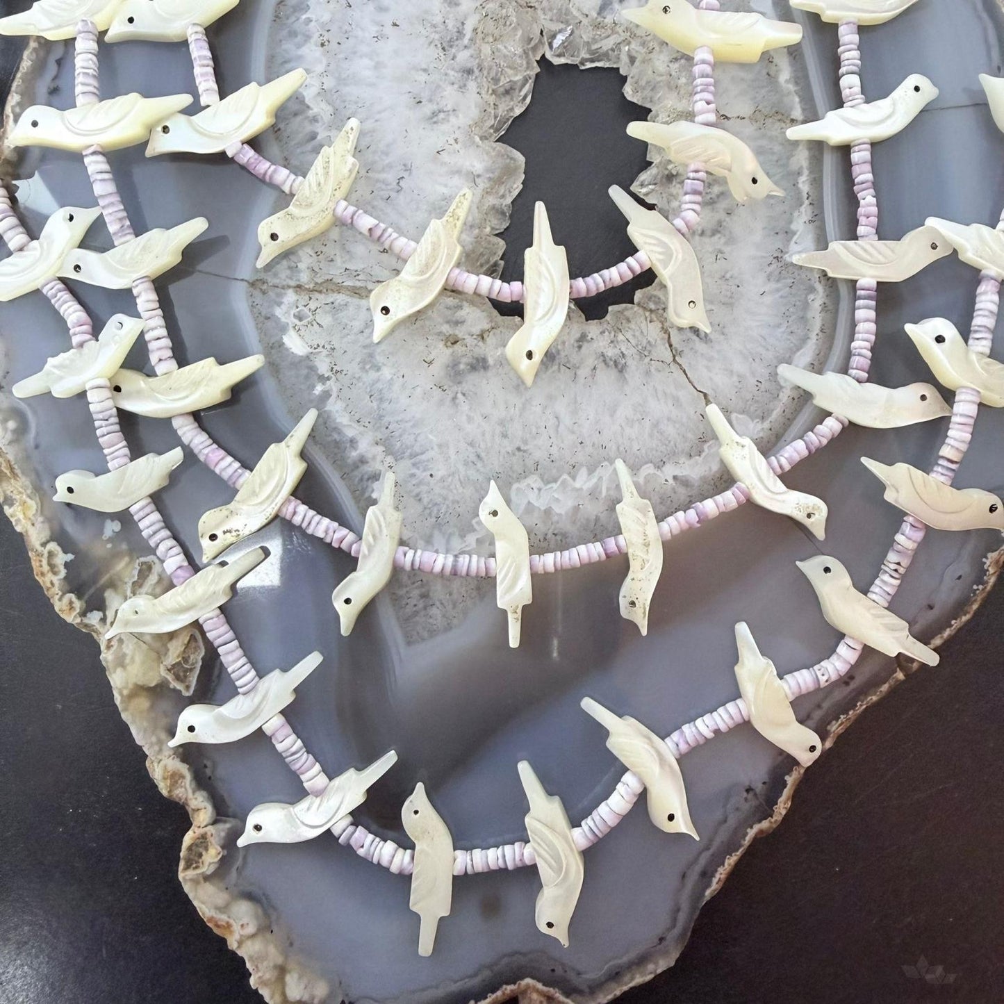 Vintage Sterling Silver 3 Strands White Shell Carved Birds & Shell Necklace For Women