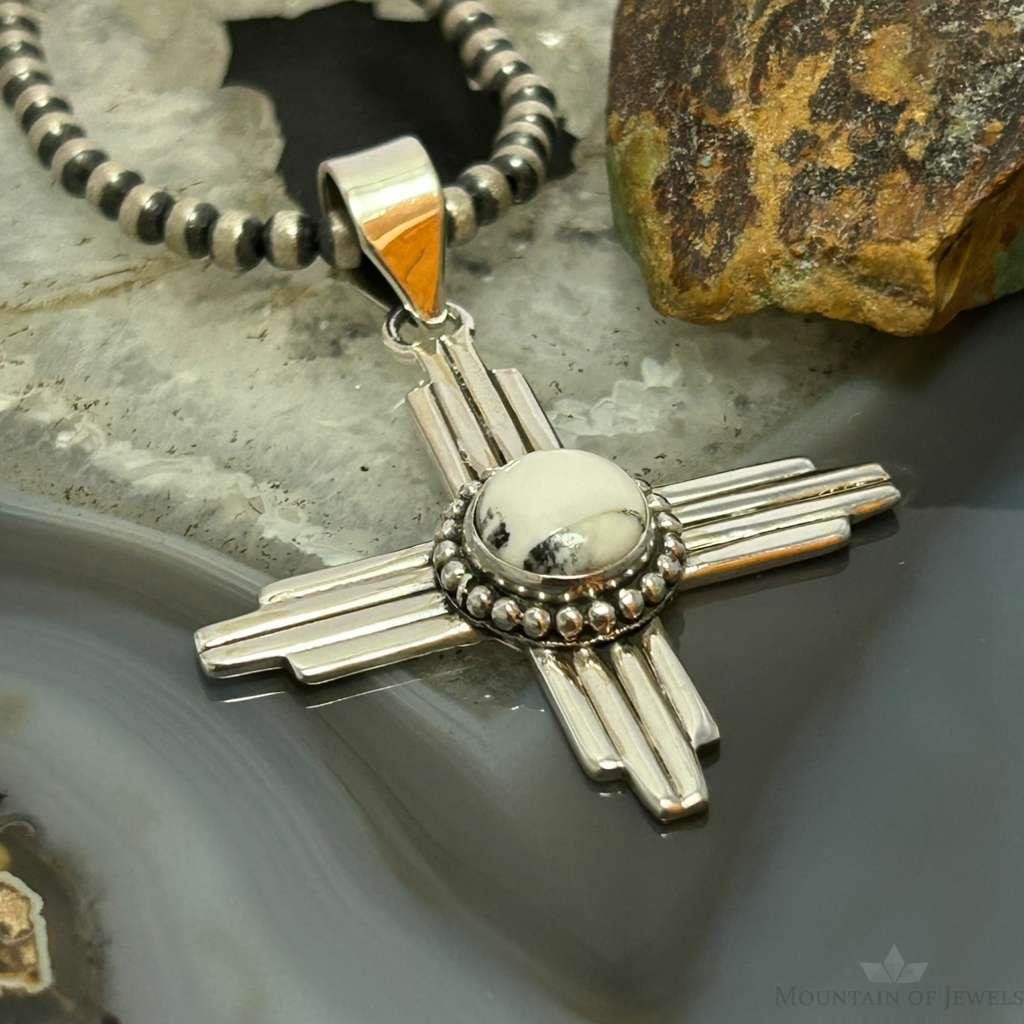 Sterling Silver Southwestern Style Round White Buffalo Unisex Zia Pendant #2