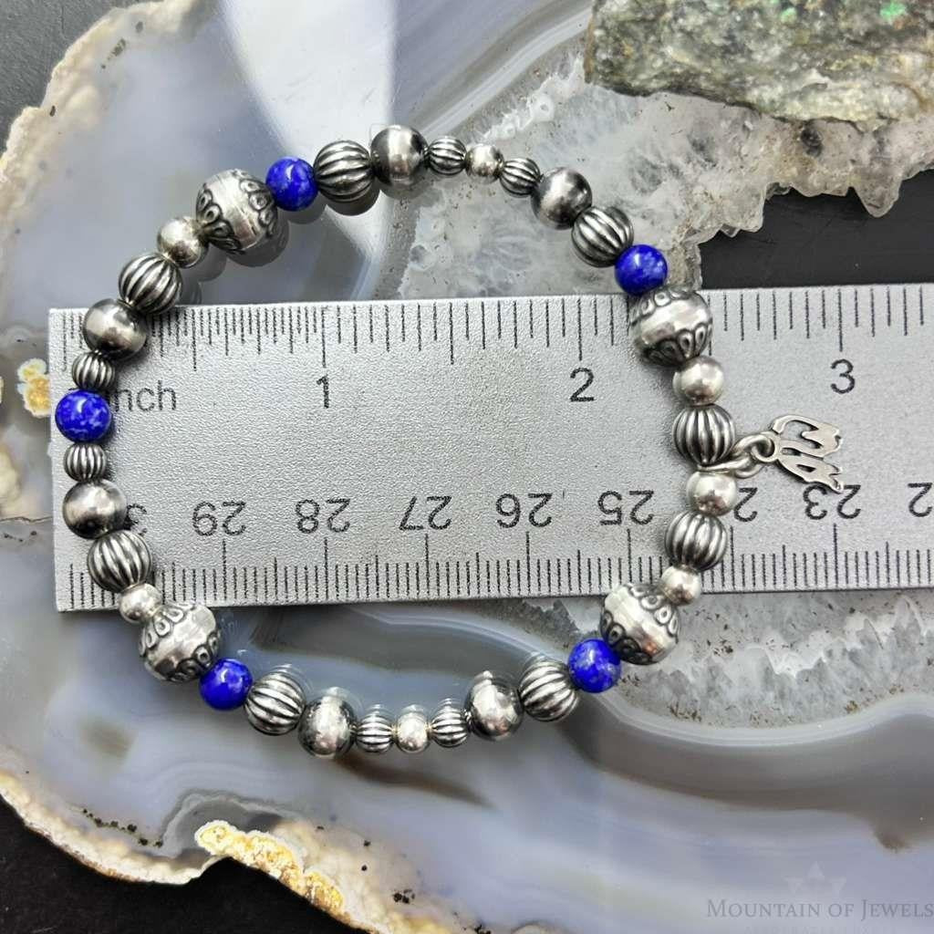Carolyn Pollack Sterling Silver Navajo Pearl Style Bead & Lapis Bead Stretch Bracelet For Women