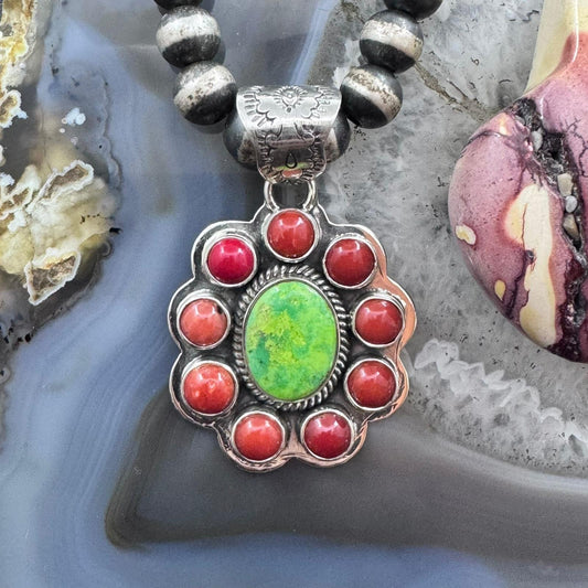 Native American Sterling Silver Green Turquoise w/ Red Coral Cluster Pendant For Women