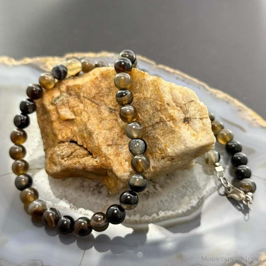 Sterling Silver Southwestern Style 8mm Smoky Onyx Beads 18" Necklace For Women