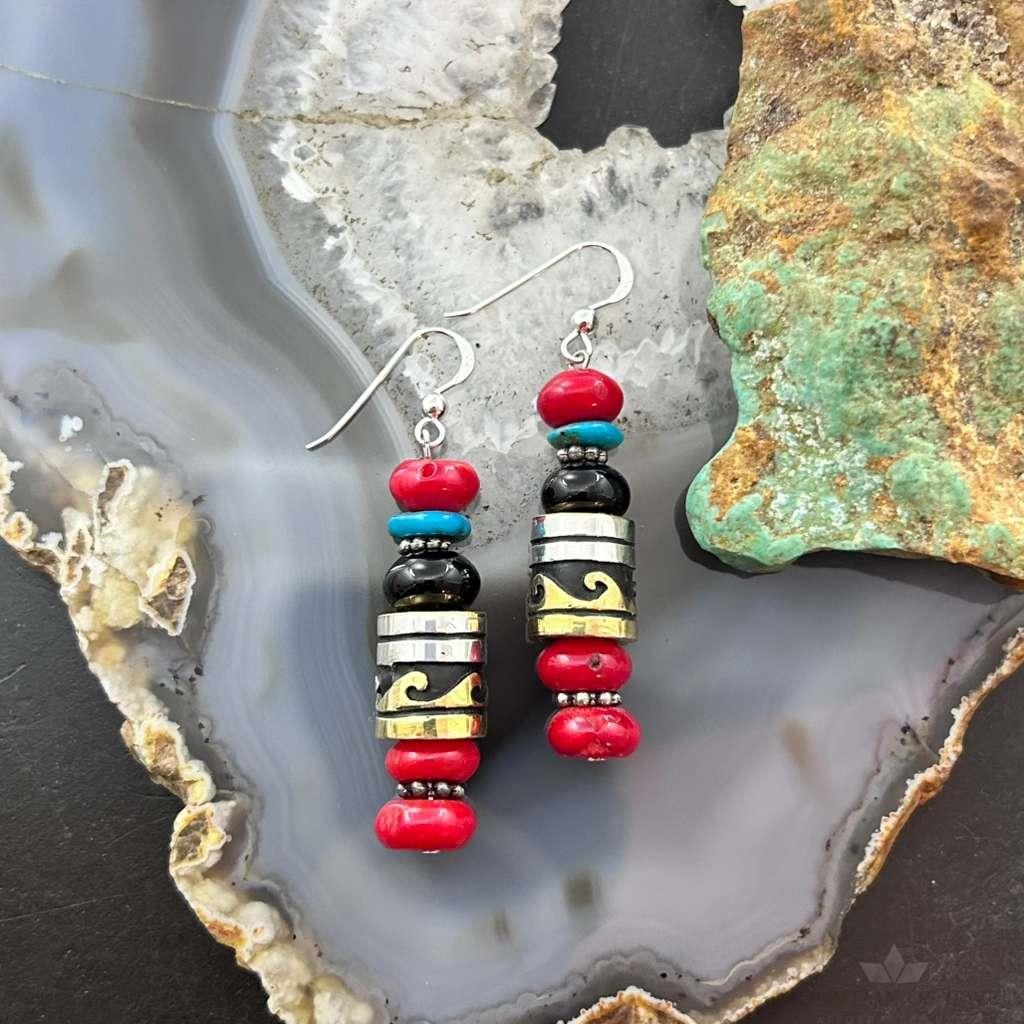 Tommy & Rosita Singer Sterling  Silver Coral, Onyx, Turquoise Bead Dangle Earrings For Women