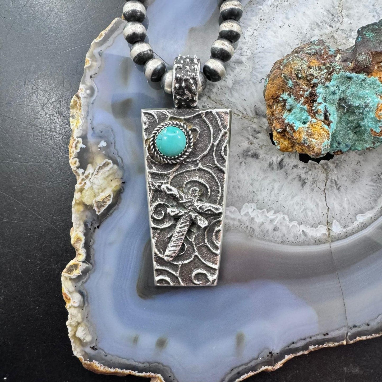 Cheyenne Custer Navajo Native American Sterling Silver & Turquoise Dragonfly Tufa Cast Unisex Pendant