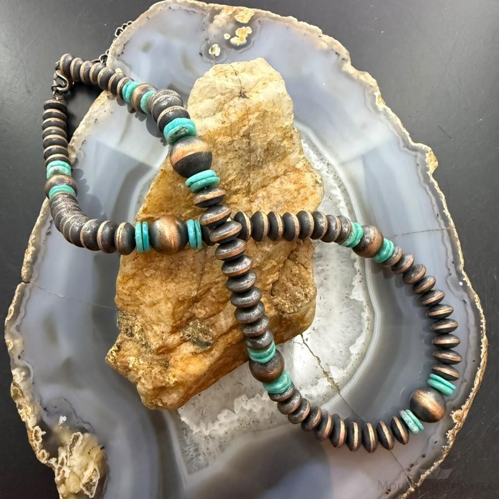 Southwestern Style Copper 8mm Navajo Pearl Saucer & Turquoise Disk Necklace For Women