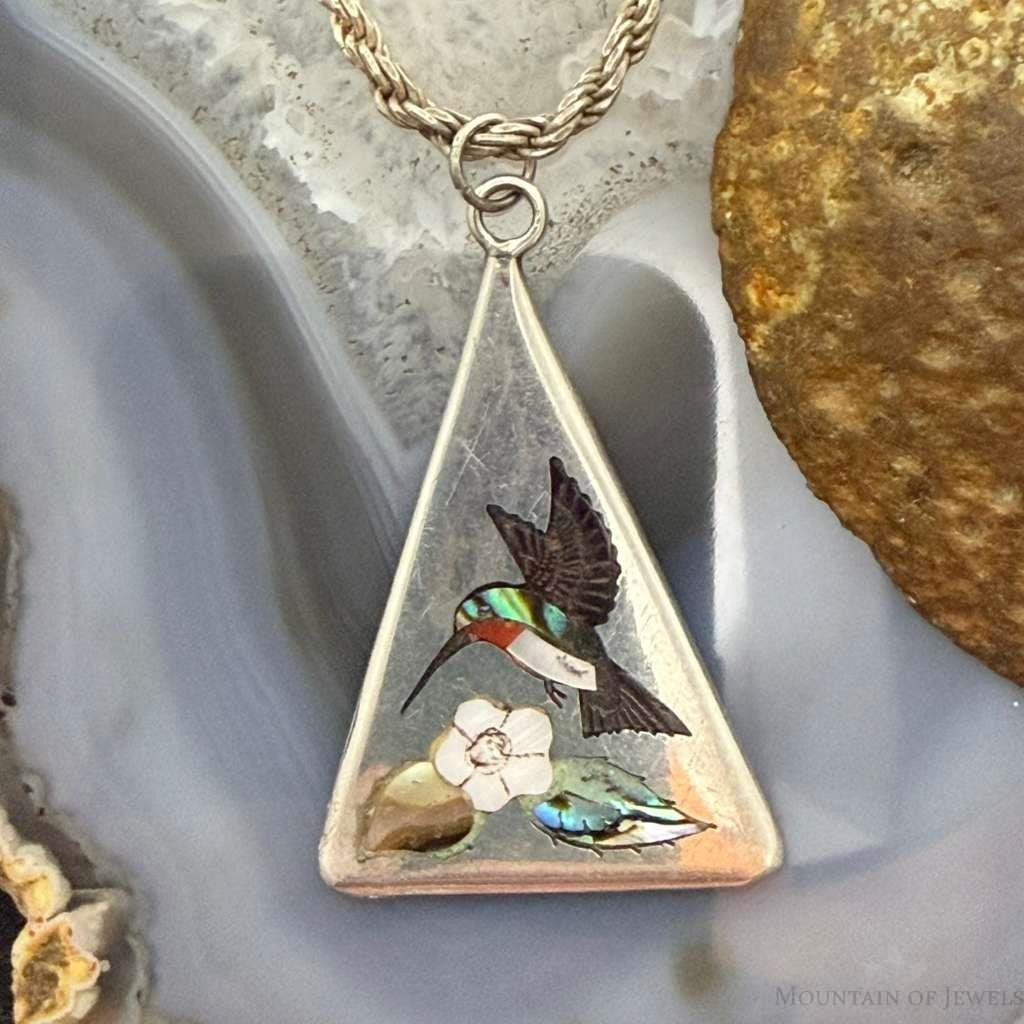 Vintage Linda Barber Zuni Sterling Silver Inlay Hummingbird Pendant For Women
