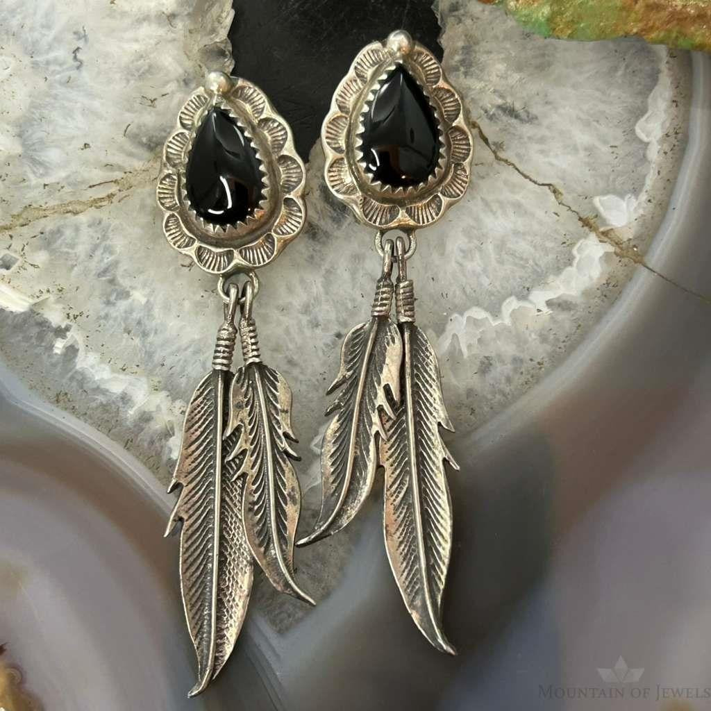 Albert Payton Native American Sterling Silver Teardrop Onyx W/Feathers Dangle Earrings For Women