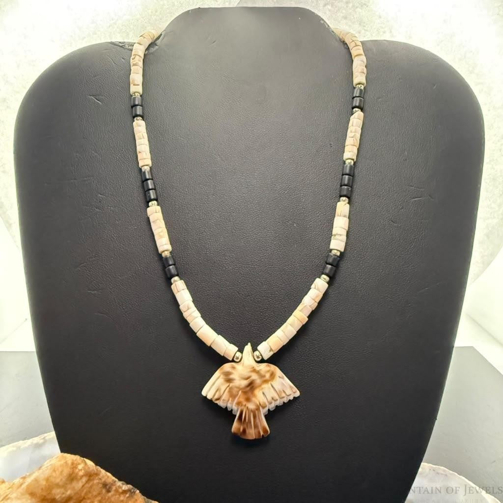 Vintage Native American Shell Beads & Onyx w/ Bird Pendant Necklace For Women