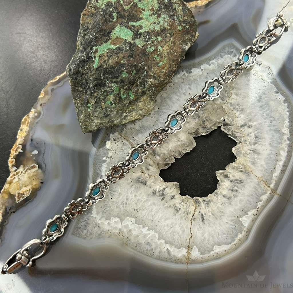 Carolyn Pollack Sterling Silver 6 Oval Turquoise Decorated Link Bracelet For Women