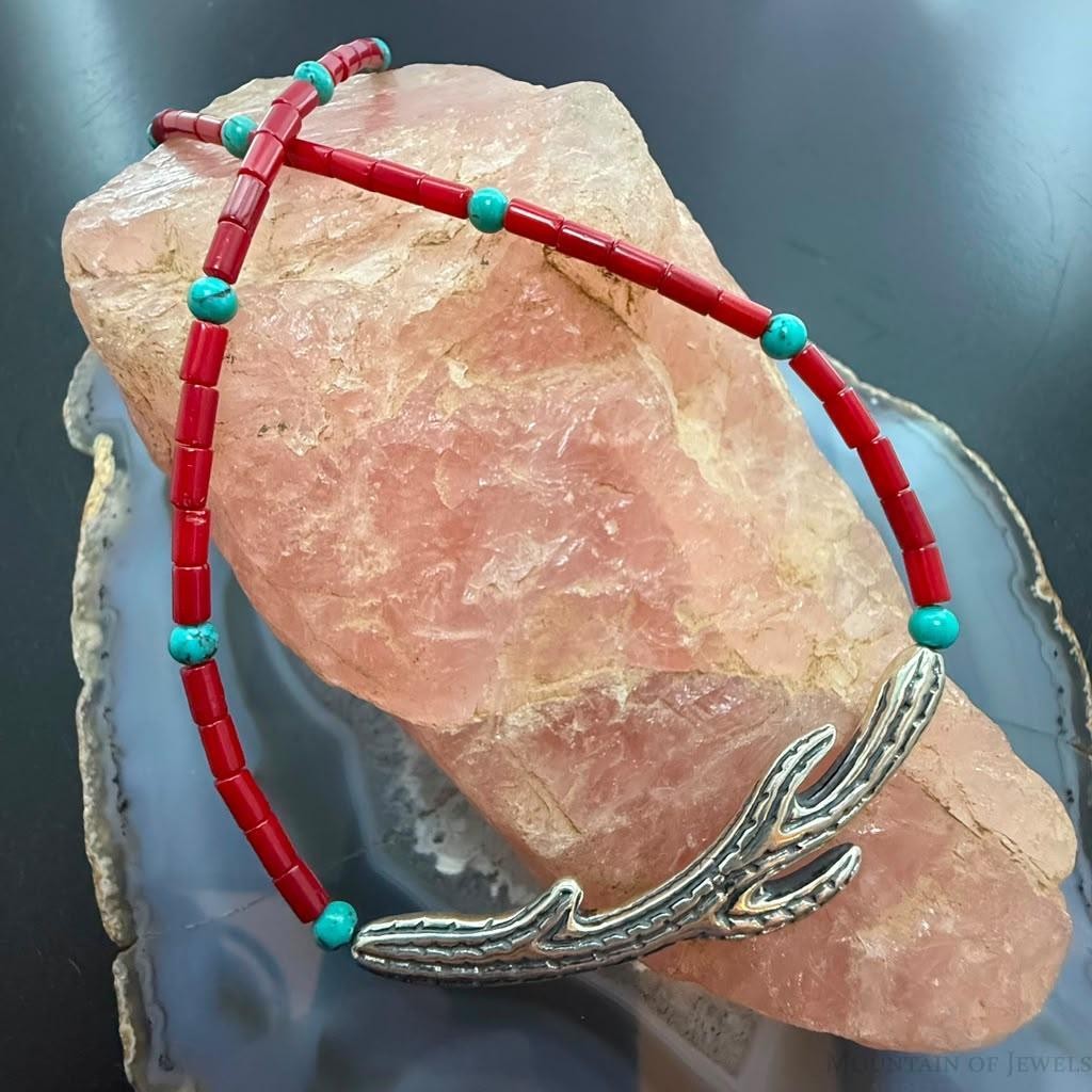 Carolyn Pollack Sterling Silver Cactus Pendant on Coral 14"-17" Necklace For Women