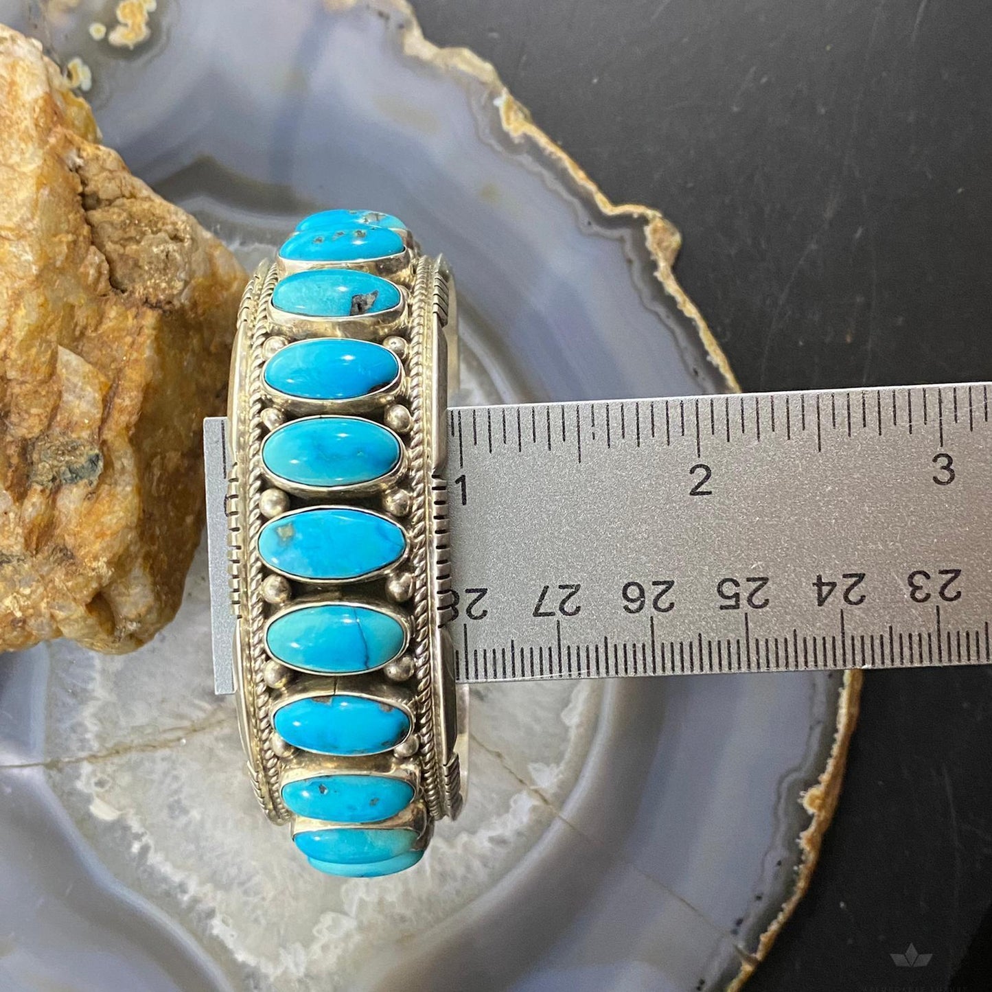 Vintage Native American Sterling Silver Oval Turquoise Row Bracelet For Men