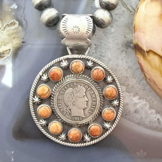 Genuine 1913 90% Silver Barber Head Dime Coin w/Orange Spiny Oyster Pendant