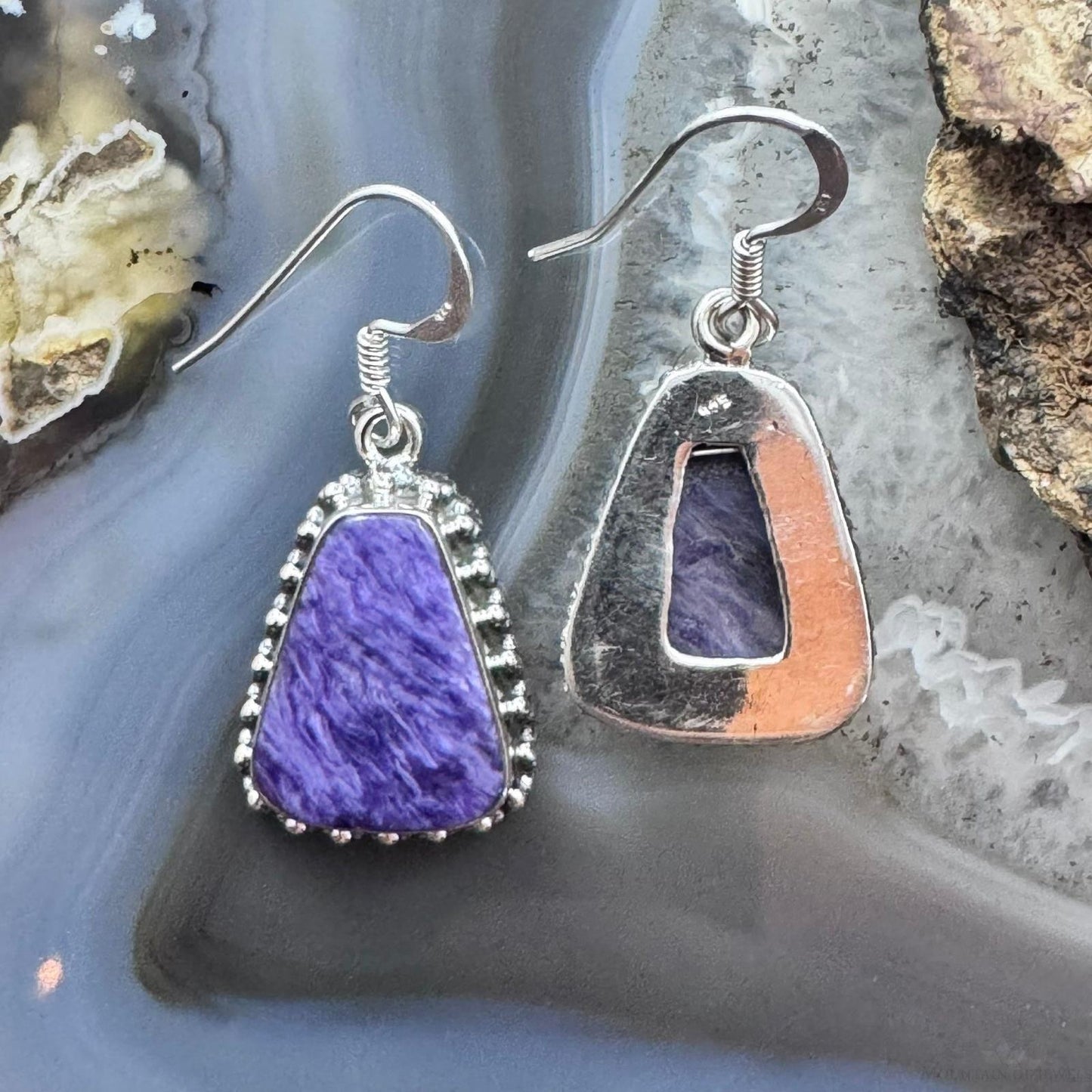 Sterling Silver Southwestern Style Trapezoid Charoite Decorated Dangle Earrings For Women