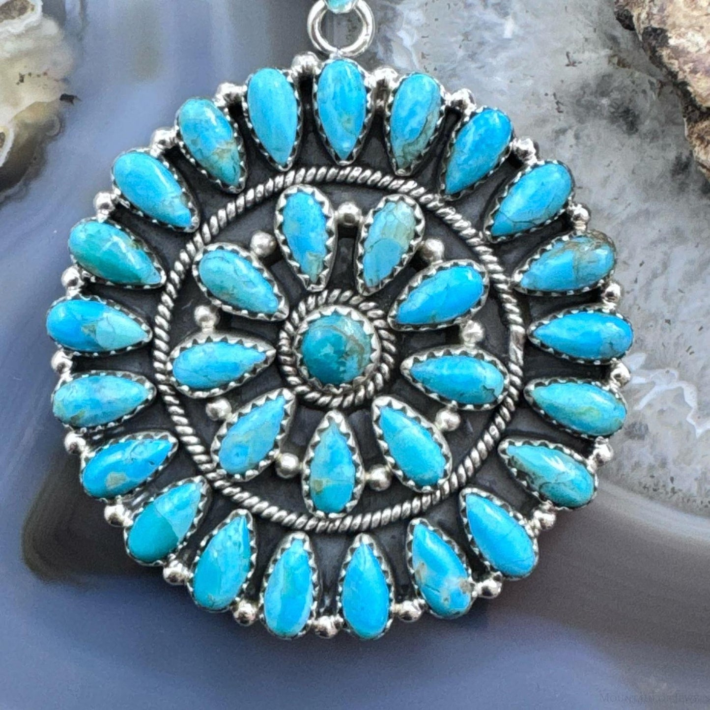 Sterling Silver Southwestern Style Teardrop Turquoise Round Cluster Pendant For Women