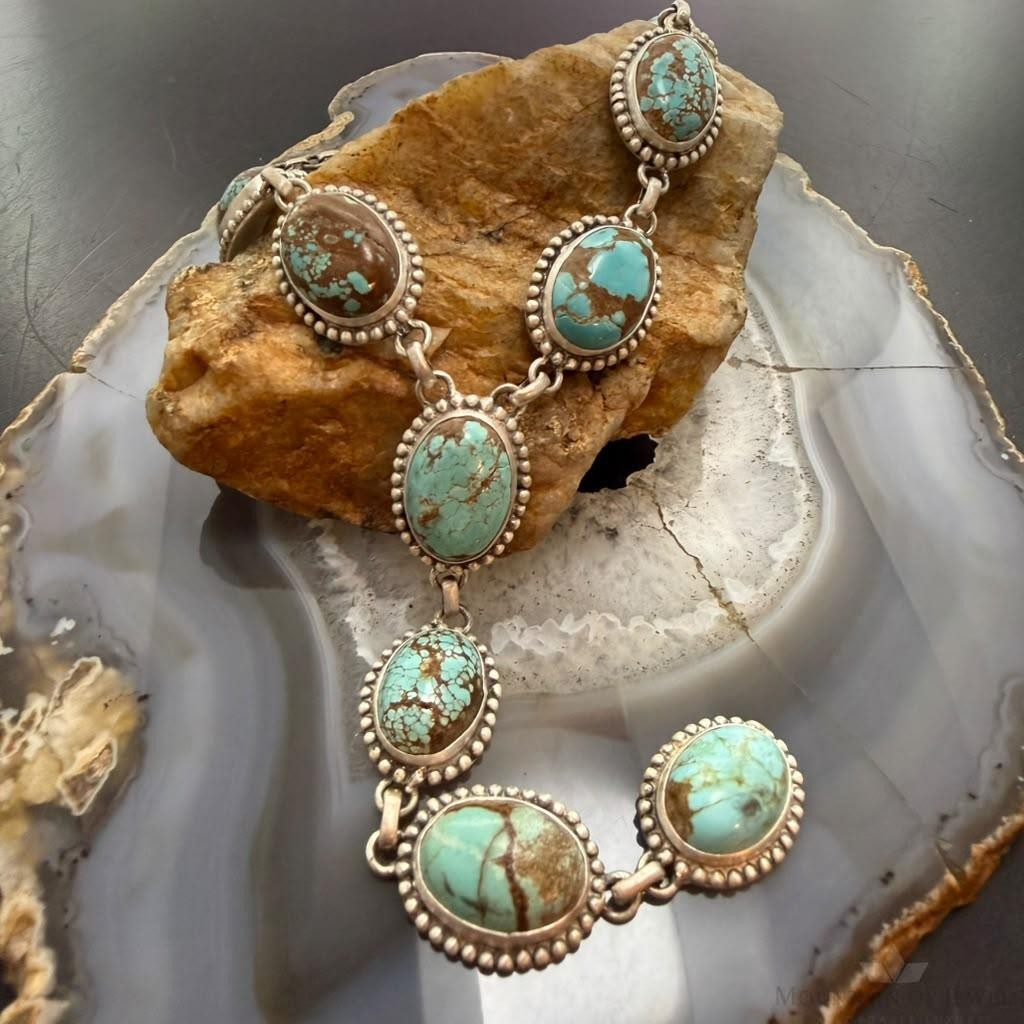 Sterling Silver Southwestern Style Oval Turquoise #8 Lariat 28" Necklace For Women