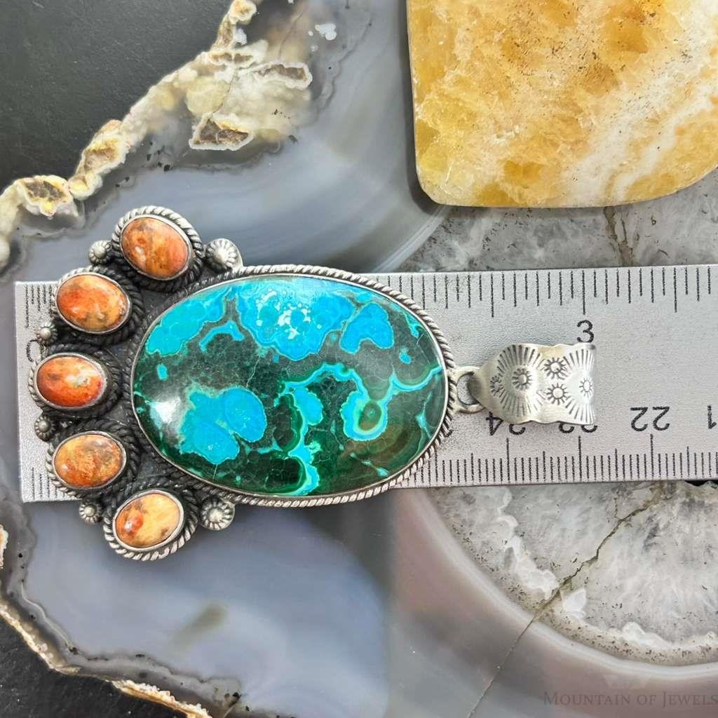 Sterling Silver Southwestern Style Malachite-Azurite & Spiny Pendant For Women