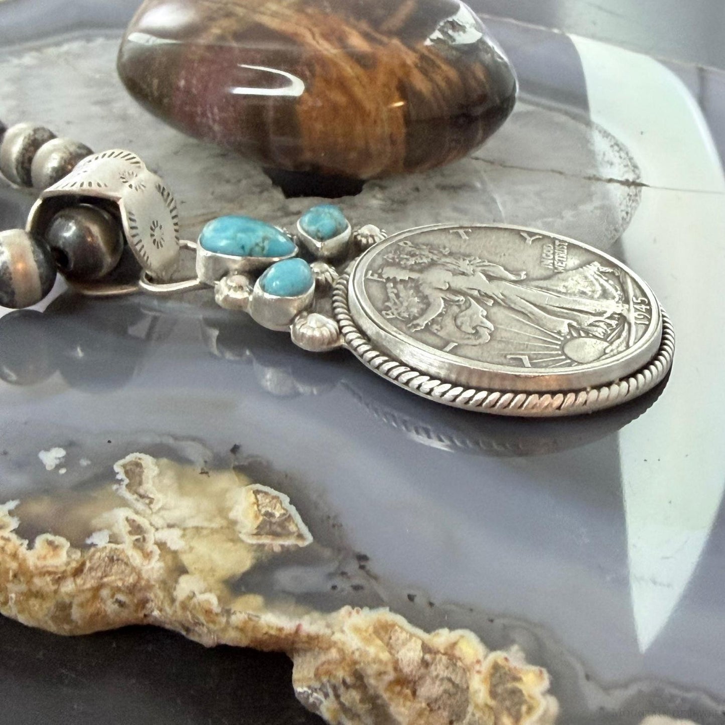 Genuine 1945 90% Walking Liberty Half Dollar Coin Turquoise Decorated Pendant