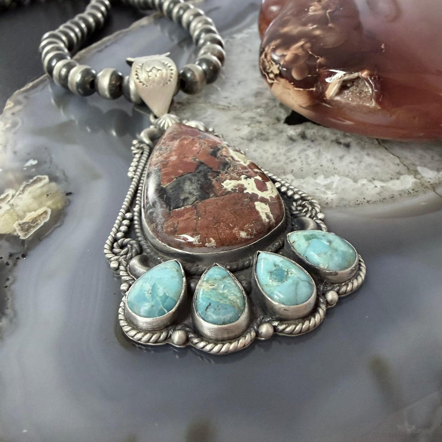 Sterling Silver Southwestern Style Large Red Creek & Mohave Turquoise Pendant For Women