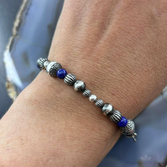 Carolyn Pollack Sterling Silver Navajo Pearl Style Bead & Lapis Bead Stretch Bracelet For Women