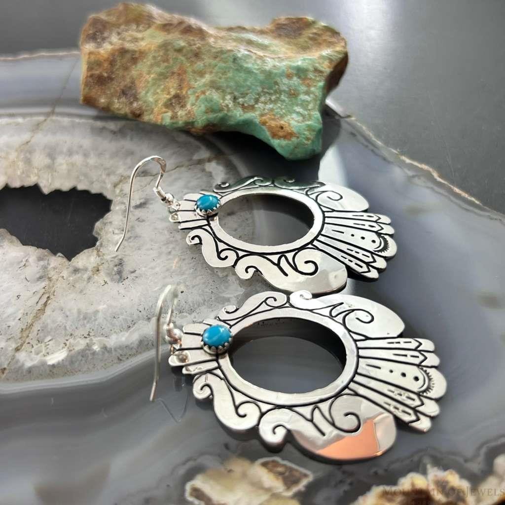 Tommy & Rosita Singer Sterling Silver Dot Turquoise Engraved Dangle Earrings For Women #1