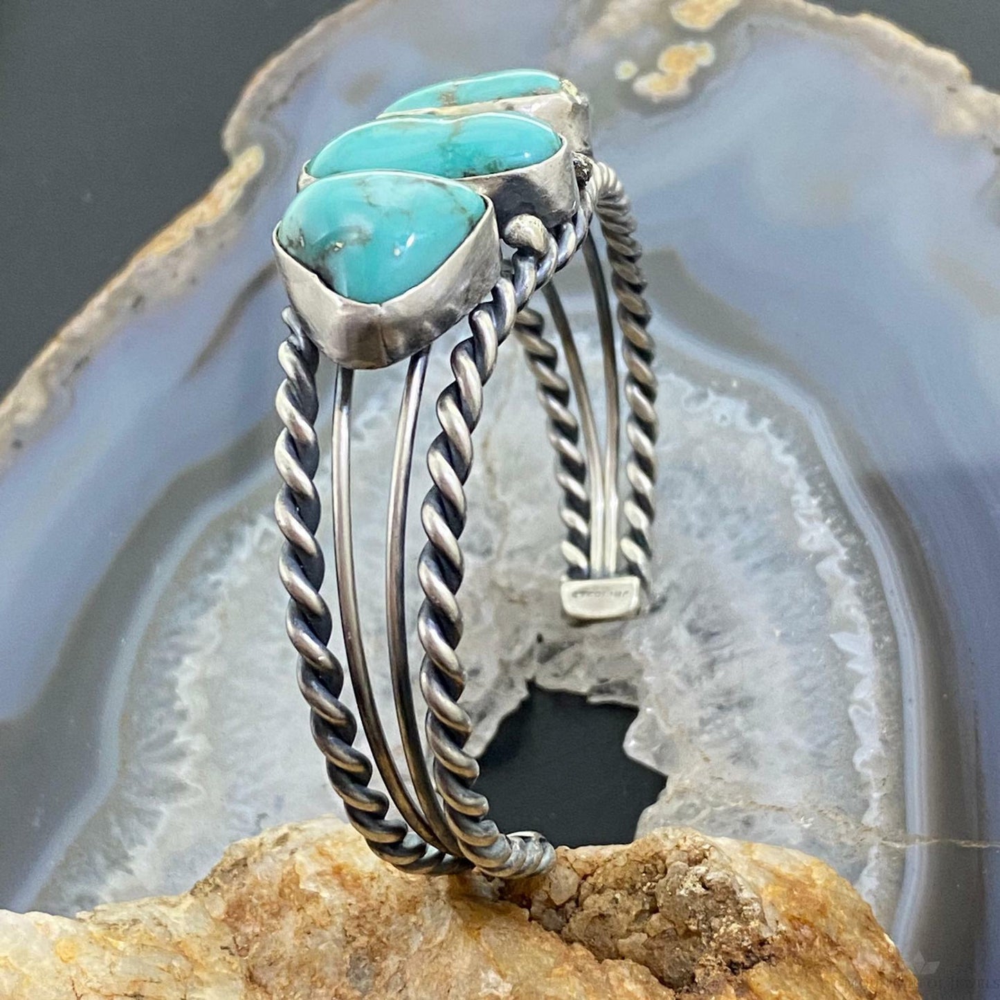 Native American Sterling Silver Chunky Turquoise Split Twisted Shank Bracelet For Women