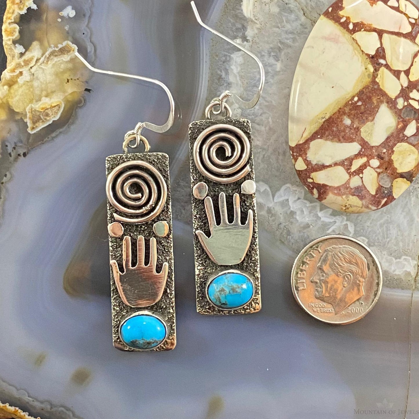 Alex Sanchez Native American Sterling Turquoise Petroglyph Dangle Earrings #3
