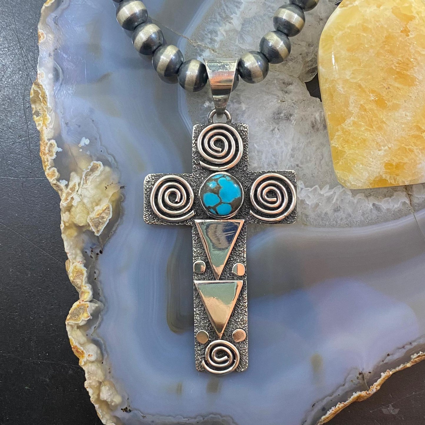 Alex Sanchez Native American Sterling Turquoise Petroglyph Cross Uni Pendant #3