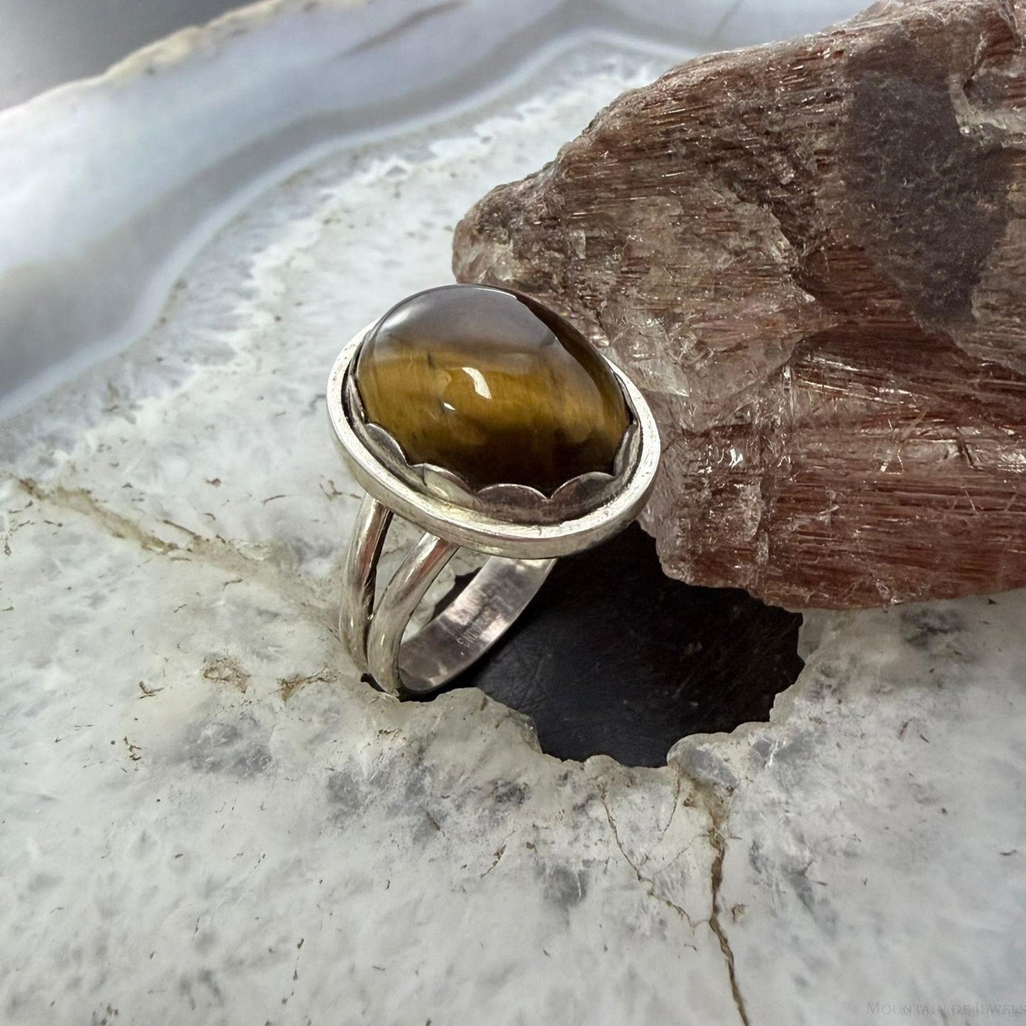 Sterling Silver Southwestern Style Oval Tiger's Eye Decorated Ring Size 8 For Women