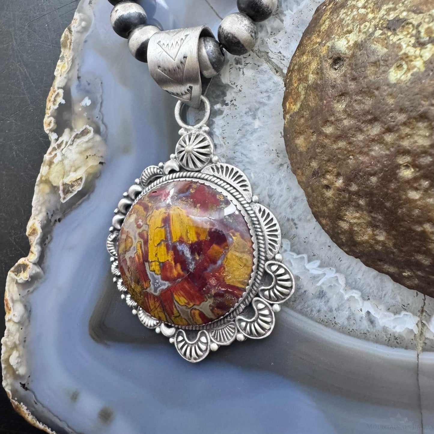 Sterling Silver Southwestern Style Round Red Moss Agate Decorated Pendant For Women